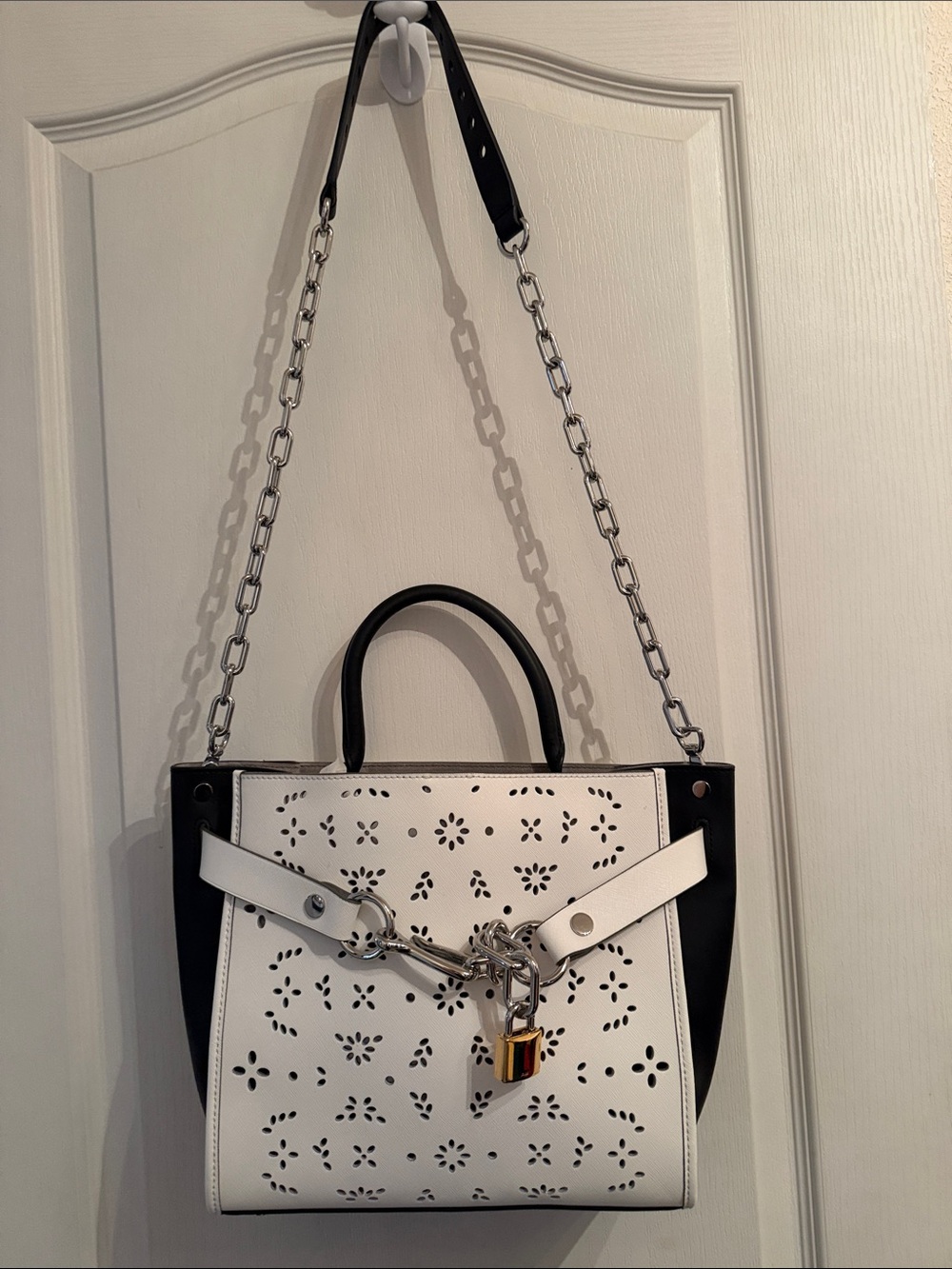 Alexander Wang White and Black Laser-Cut Top-Handle Shoulder Bag